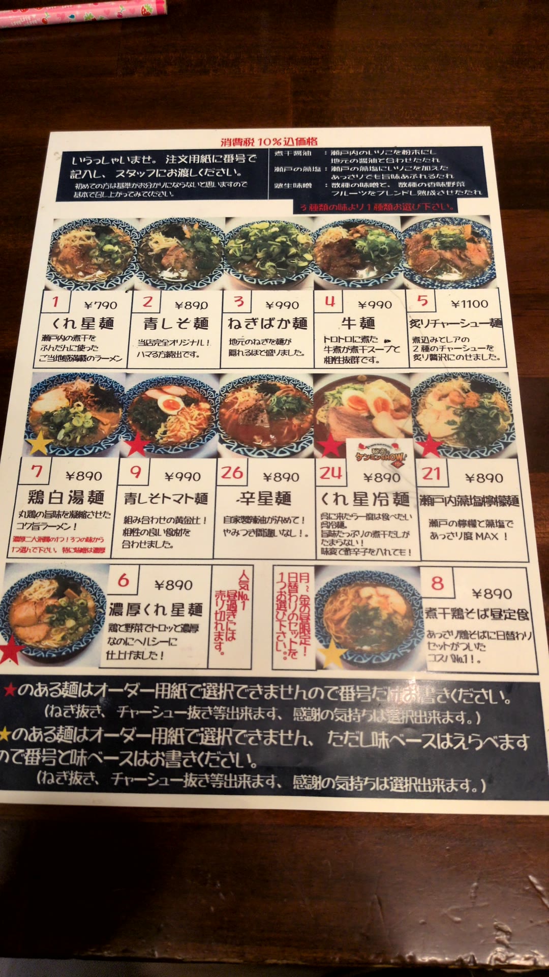 くれ星製麺屋のメニュー表。くれ星麺、青しそ麺、くれ星冷麺などが番号つきで並ぶ