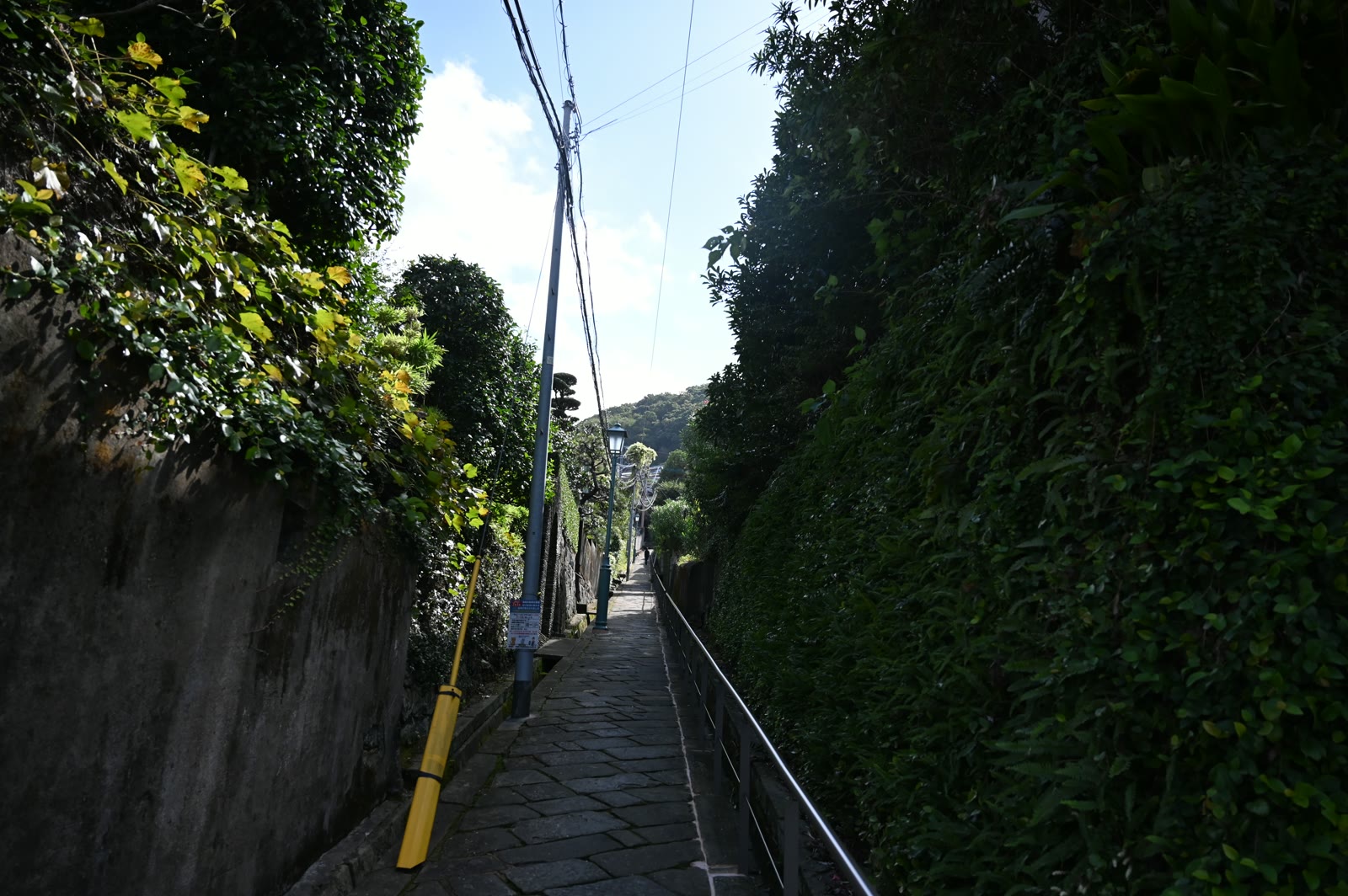 石垣とツタに挟まれた南山手の石畳の小道