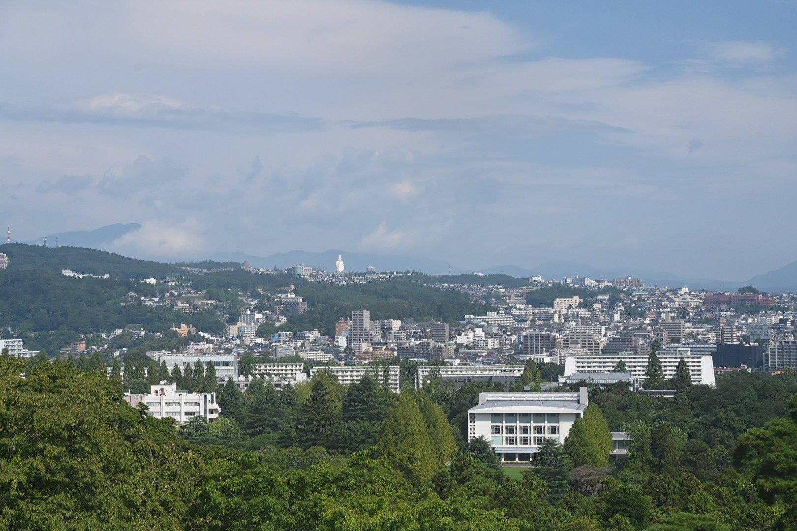 仙台城跡から見た緑の森と仙台の住宅地、遠くの丘に白い観音像が見える眺め