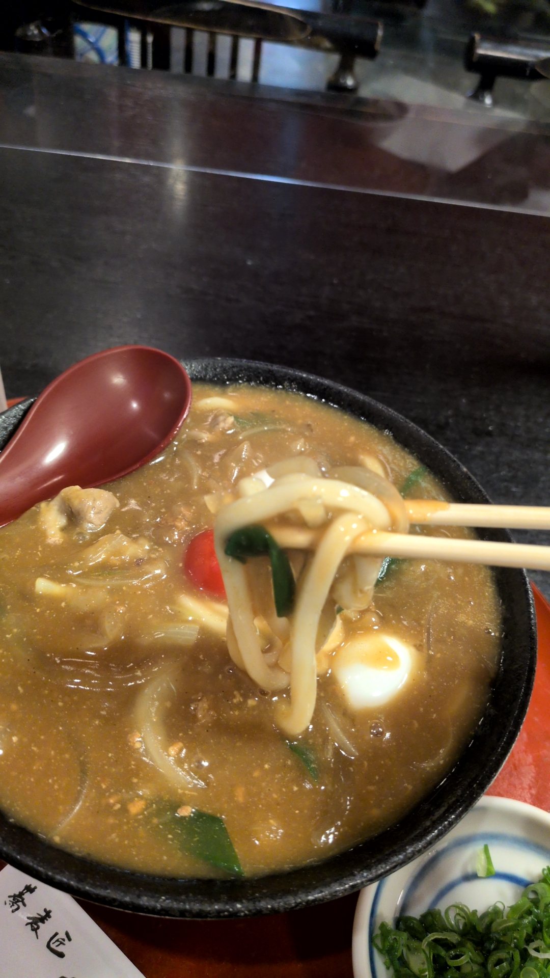 豊橋カレーうどんのカレーの中から太いうどんを箸で持ち上げたところ(麦匠 まつや)